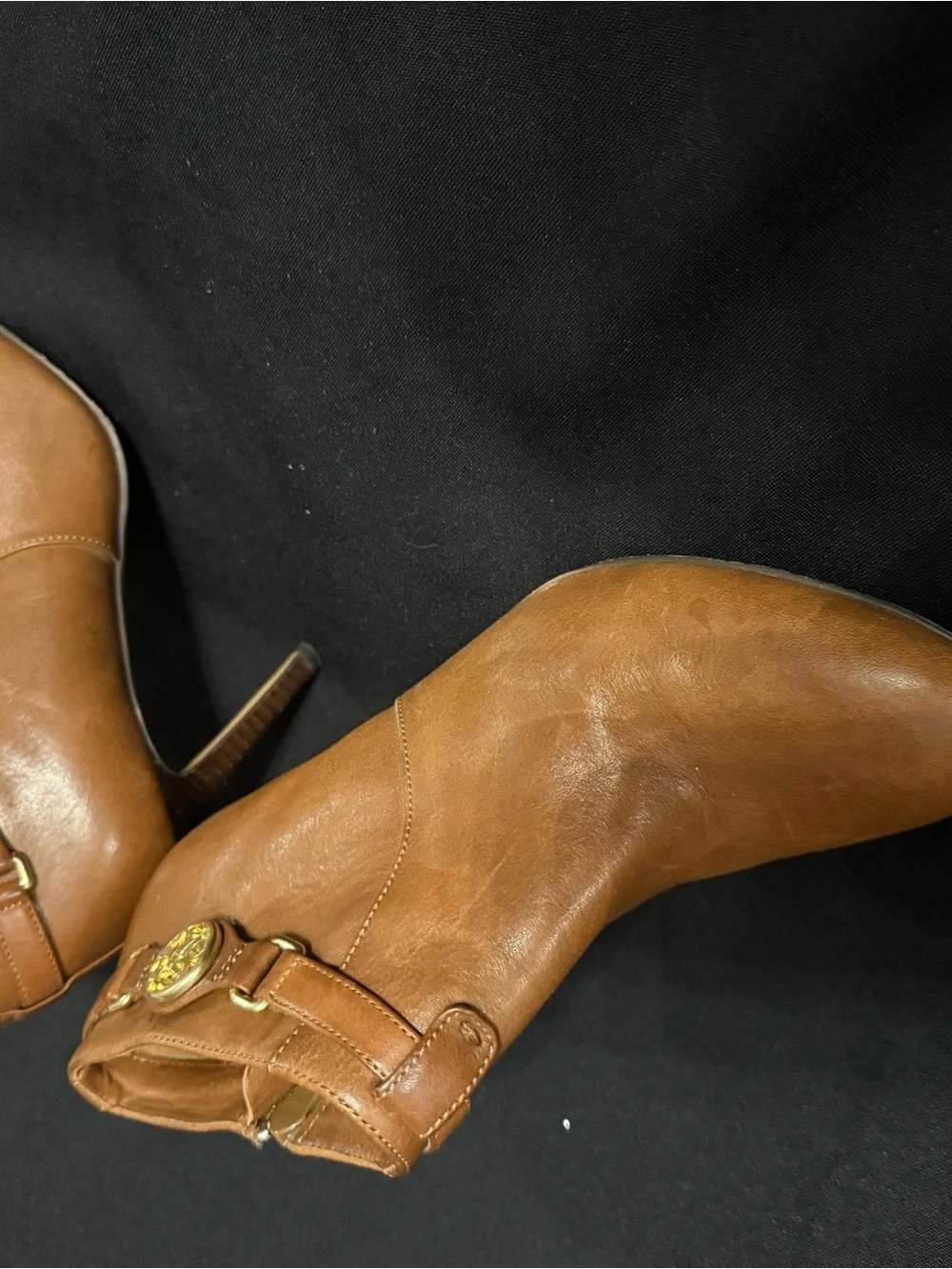 Coach Women's Tan Leather Ankle Boots with Gold Accent